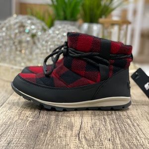 red plaid winter boots